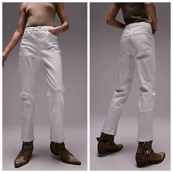 TOPSHOP Straight White Jeans with Raw Hem NWT Size US 8 32X32 - Picture 1 of 11